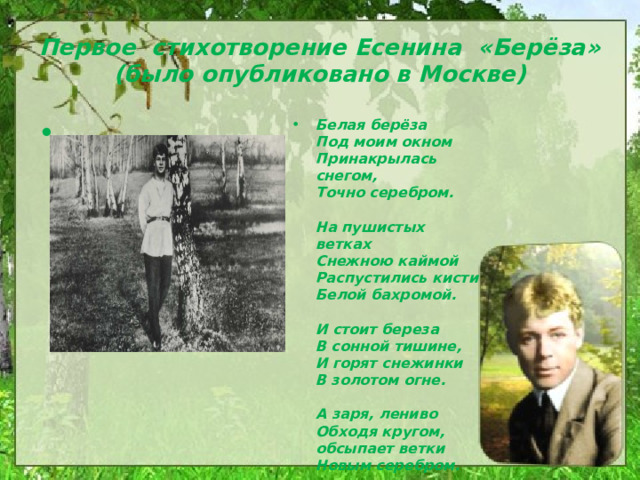 Первое стихотворение Есенина «Берёза»  (было опубликовано в Москве)  Белая берёза  Под моим окном  Принакрылась снегом,  Точно серебром.   На пушистых ветках  Снежною каймой  Распустились кисти  Белой бахромой.   И стоит береза  В сонной тишине,  И горят снежинки  В золотом огне.   А заря, лениво  Обходя кругом,  обсыпает ветки  Новым серебром.  