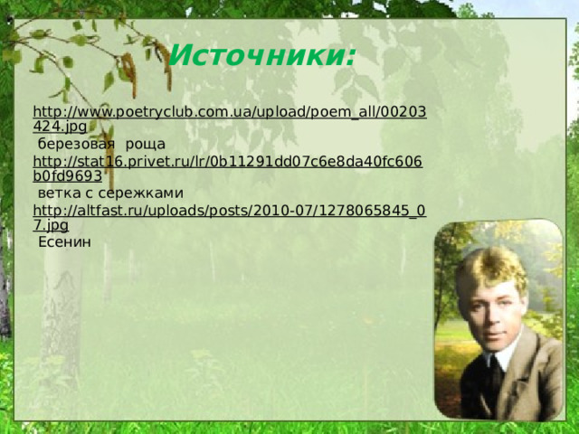 Источники: http://www.poetryclub.com.ua/upload/poem_all/00203424.jpg  березовая роща http://stat16.privet.ru/lr/0b11291dd07c6e8da40fc606b0fd9693  ветка с сережками http://altfast.ru/uploads/posts/2010-07/1278065845_07.jpg  Есенин 