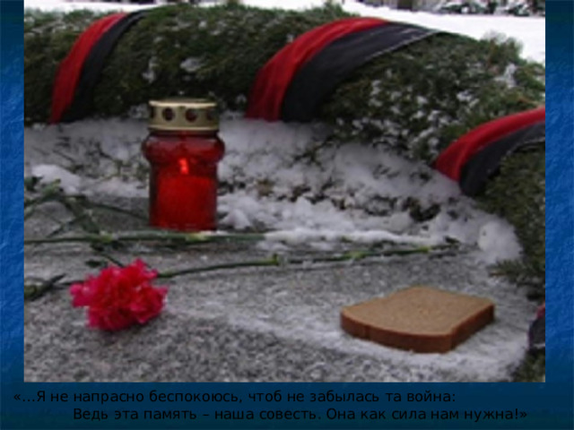 «…Я не напрасно беспокоюсь, чтоб не забылась та война:  Ведь эта память – наша совесть. Она как сила нам нужна!» 