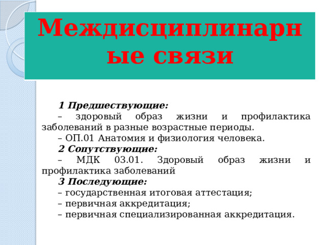 Междисциплинарные связи  1 Предшествующие: – здоровый образ жизни и профилактика заболеваний в разные возрастные периоды. – ОП.01 Анатомия и физиология человека. 2 Сопутствующие: – МДК 03.01. Здоровый образ жизни и профилактика заболеваний  3 Последующие: – государственная итоговая аттестация; – первичная аккредитация; – первичная специализированная аккредитация. 