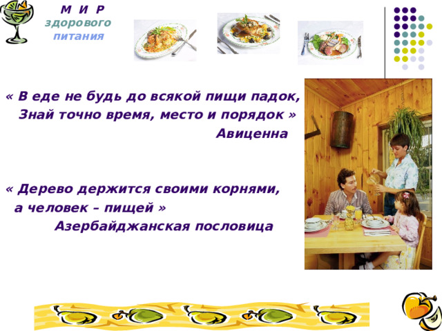  М И Р   здорового    питания « В еде не будь до всякой пищи падок,  Знай точно время, место и порядок »  Авиценна  « Дерево держится своими корнями,  а человек – пищей »  Азербайджанская пословица  