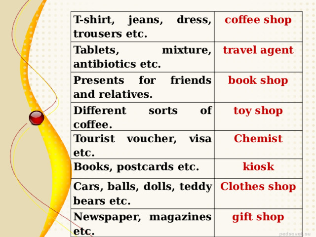 T-shirt, jeans, dress, trousers etc. coffee shop Tablets, mixture, antibiotics etc. travel agent Presents for friends and relatives. book shop Different sorts of coffee. toy shop Tourist voucher, visa etc. Chemist Books, postcards etc. kiosk Cars, balls, dolls, teddy bears etc. Clothes shop Newspaper, magazines etc. gift shop 