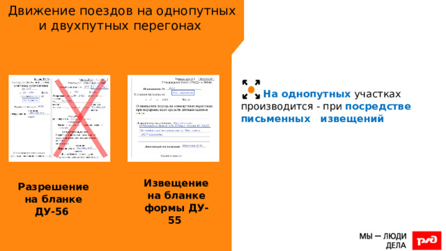 Движение поездов на однопутных и двухпутных перегонах На однопутных участках производится - при посредстве письменных извещений Извещение на бланке формы ДУ-55 Разрешение на бланке ДУ-56 