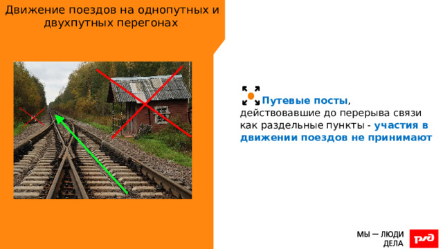 Движение поездов на однопутных и двухпутных перегонах Путевые посты , действовавшие до перерыва связи как раздельные пункты - участия в движении поездов не принимают 