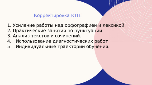  Корректировка КТП:  Усиление работы над орфографией и лексикой.  Практические занятия по пунктуации  Анализ текстов и сочинений. 4. Использование диагностических работ 5 .Индивидуальные траектории обучения. 