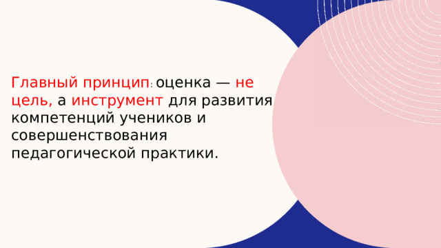 Главный принцип : оценка — не цель, а инструмент для развития компетенций учеников и совершенствования педагогической практики. 
