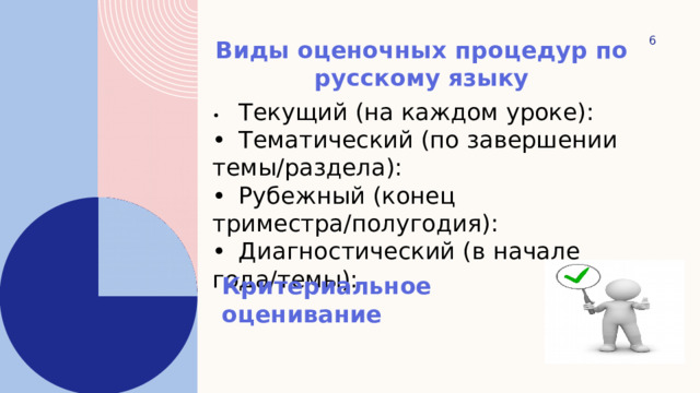  Виды оценочных процедур по русскому языку •  Текущий (на каждом уроке): •  Тематический (по завершении темы/раздела): •  Рубежный (конец триместра/полугодия): •  Диагностический (в начале года/темы): Критериальное оценивание 