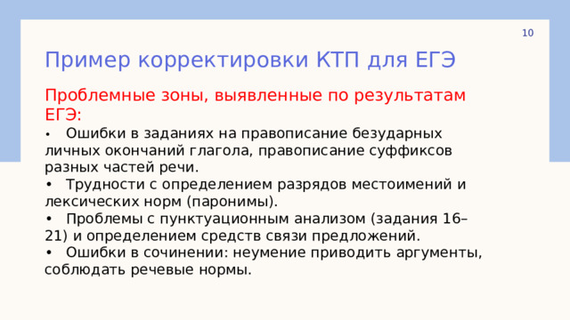  Пример корректировки КТП для ЕГЭ Проблемные зоны, выявленные по результатам ЕГЭ: •  Ошибки в заданиях на правописание безударных личных окончаний глагола, правописание суффиксов разных частей речи. •  Трудности с определением разрядов местоимений и лексических норм (паронимы). •  Проблемы с пунктуационным анализом (задания 16–21) и определением средств связи предложений. •  Ошибки в сочинении: неумение приводить аргументы, соблюдать речевые нормы. 