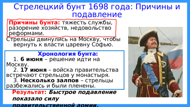 Этот принцип был нечётким и часто нарушался, приводя к конфликтам. Стрелецкий бунт 1698 года: Причины и подавление Причины бунта: тяжесть службы, разорение хозяйств, недовольство реформами. Стрельцы двинулись на Москву, чтобы вернуть к власти царевну Софью. Хронология бунта: 1. 6 июня – решение идти на Москву. 2. 17 июня – войска правительства встречают стрельцов у монастыря. 3. Несколько залпов – стрельцы разбежались и были пленены. Результат: Быстрое подавление показало силу правительственной армии. 