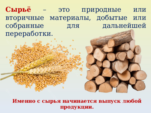 Сырьё – это природные или вторичные материалы, добытые или собранные для дальнейшей переработки. Именно с сырья начинается выпуск любой продукции. 