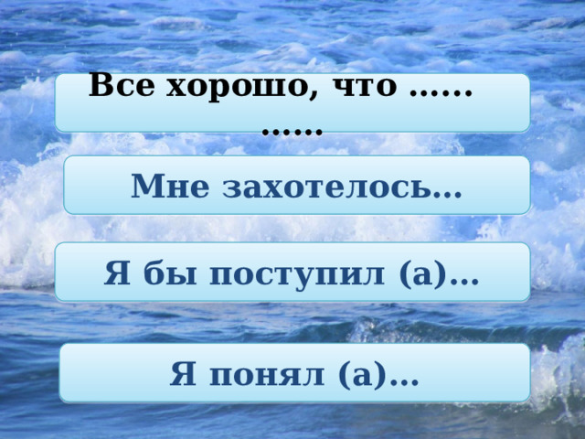 Все хорошо, что …... …… Мне захотелось… Я бы поступил (а)… Я понял (а)… 