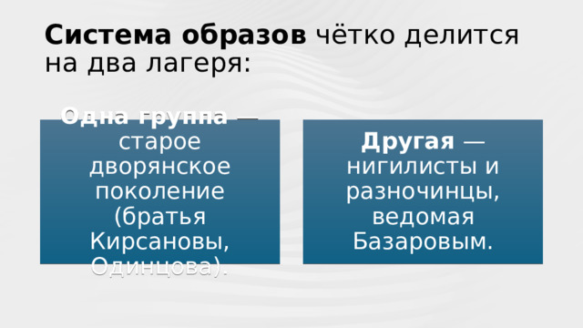 Система образов  чётко делится на два лагеря:  Одна группа  — старое дворянское поколение (братья Кирсановы, Одинцова). Другая  — нигилисты и разночинцы, ведомая Базаровым. 
