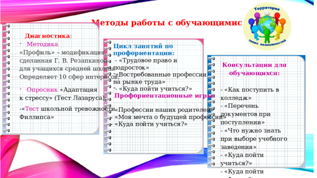 Методы работы с обучающимися :  Диагностика : Методика «Профиль» – модификация, сделанная Г. В. Резапкиной для учащихся средней школы. Определяет 10 сфер интересов ; Опросник «Адаптация к стрессу» (Тест Лазаруса); -« Тест школьной тревожности Филлипса» Цикл занятий по профориентации:   - «Трудовое право и подросток» «Востребованные профессии на рынке труда» - «Куда пойти учиться?» Консультации для обучающихся:   - «Как поступить в колледж» - «Перечень документов при поступлении» - «Что нужно знать при выборе учебного заведения» - «Куда пойти учиться?» - «Куда пойти работать?»  Профориентационные игры:   - «Профессии наших родителей» - «Моя мечта о будущей профессии» - «Куда пойти учиться?» 