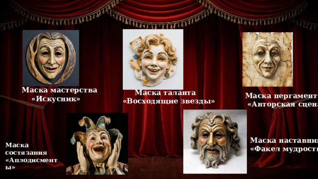 Маска мастерства  «Искусник»  Маска таланта  «Восходящие звезды»  Маска пергамента  «Авторская сцена» Маска наставника «Факел мудрости» Маска состязания «Аплодисменты» 12 