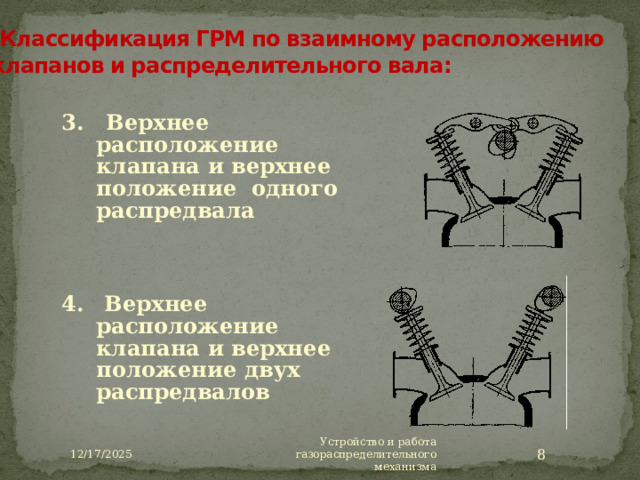  Классификация ГРМ по взаимному расположению клапанов и распределительного вала: 12/17/2025 3. Верхнее расположение клапана и верхнее положение одного распредвала 4.  Верхнее расположение клапана и верхнее положение двух распредвалов Для высокооборотных двигателей стремятся по возможности приблизить распределительный вал к клапанам, что позволяет уменьшить возвратно-поступательные массы и увеличить общую жесткость механизма привода. С этой целью применяют механизмы с верхним расположением распределительного вала. Кроме того, верхнее расположение распределительного вала дает возможность улучшить наполнение цилиндров благодаря компактной форме впускных и выпускных каналов. Заметим, что использование двух распределительных валов непосредственно над каждым рядом клапанов (впускных и выпускных) позволяет отказаться от промежуточных передаточных деталей – коромысел, оси этих коромысел и т.п. Устройство и работа газораспределительного механизма  12/17/2025  