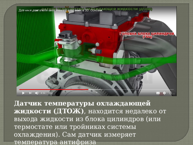 Датчик температуры охлаждающей жидкости (ДТОЖ) , находится недалеко от выхода жидкости из блока цилиндров (или термостате или тройниках системы охлаждения). Сам датчик измеряет температура антифриза 