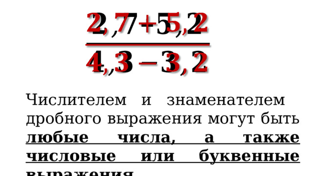  Числителем и знаменателем дробного выражения могут быть любые числа, а также числовые или буквенные выражения. 