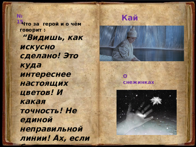№ 15 Кай  Что за герой и о чём говорит :  “ Видишь, как искусно сделано! Это куда интереснее настоящих цветов! И какая точность! Не единой неправильной линии! Ах, если бы они только не таяли!” О снежинках 