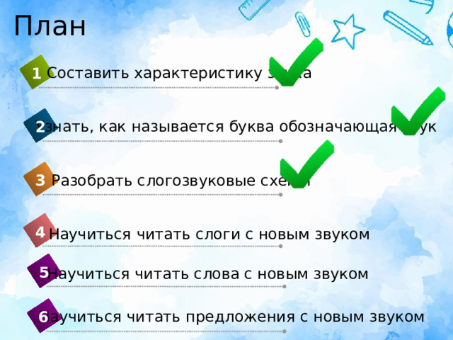 План Составить характеристику звука   1  Узнать, как называется буква обозначающая звук 2 3 Разобрать слогозвуковые схемы   4  Научиться читать слоги с новым звуком 5 Научиться читать слова с новым звуком   Научиться читать предложения с новым звуком 6 