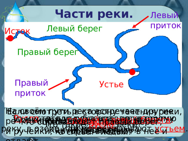 Части реки. Левый приток Левый берег Исток Правый берег Правый приток Устье На своём пути река встречает другие речки и ручейки, которые впадают в неё и отдают  свою воду. Они называются притоками . Если смотреть в сторону течения реки, то справа будет правый берег, а слева – левый. Русло –это углубление, по которому То место, где река впадает в другую течёт река. реку, в озеро или море, называют устьем . У реки есть правый и левый берега . Как их определить? Как называют начало реки? Что такое устье реки? Что такое русло реки? 