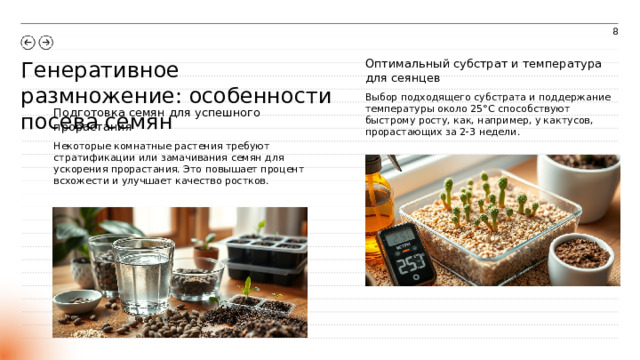 8 Генеративное размножение: особенности посева семян Оптимальный субстрат и температура для сеянцев Выбор подходящего субстрата и поддержание температуры около 25°C способствуют быстрому росту, как, например, у кактусов, прорастающих за 2-3 недели. Подготовка семян для успешного прорастания Некоторые комнатные растения требуют стратификации или замачивания семян для ускорения прорастания. Это повышает процент всхожести и улучшает качество ростков.  