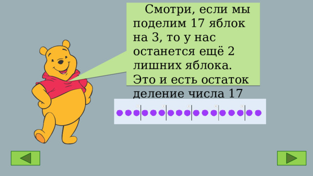  Смотри, если мы поделим 17 яблок на 3, то у нас останется ещё 2 лишних яблока. Это и есть остаток деление числа 17 на 3. 