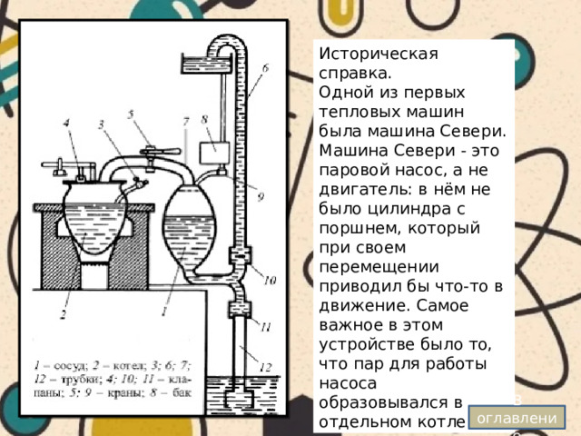 Историческая справка. Одной из первых тепловых машин была машина Севери. Машина Севери - это паровой насос, а не двигатель: в нём не было цилиндра с поршнем, который при своем перемещении приводил бы что-то в движение. Самое важное в этом устройстве было то, что пар для работы насоса образовывался в отдельном котле. В оглавление 