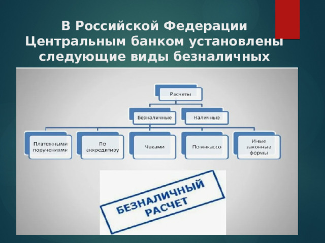В Российской Федерации Центральным банком установлены следующие виды безналичных расчетов: 