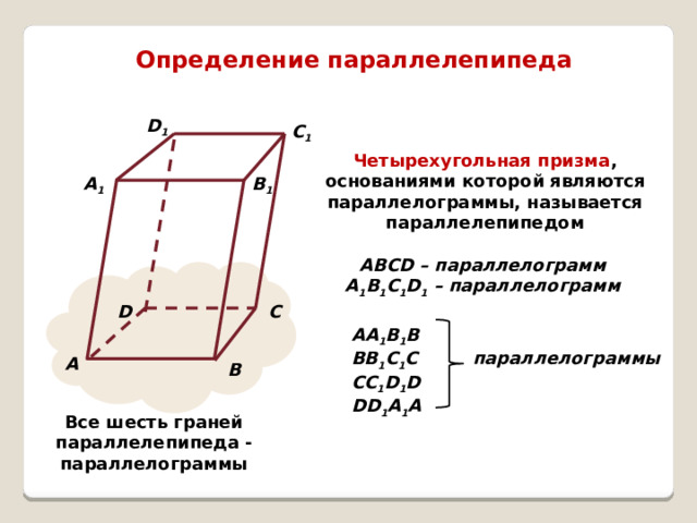 Определение параллелепипеда D 1 C 1 Четырехугольная призма , основаниями которой являются параллелограммы, называется параллелепипедом A 1 B 1 ABCD – параллелограмм A 1 B 1 C 1 D 1 – параллелограмм C D АA 1 B 1 В ВB 1 C 1 С СС 1 D 1 D DD 1 A 1 A параллелограммы A B Все шесть граней параллелепипеда - параллелограммы 