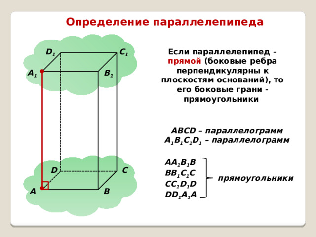 Определение параллелепипеда Если параллелепипед – прямой (боковые ребра перпендикулярны к плоскостям оснований), то его боковые грани - прямоугольники D 1 C 1 A 1 B 1 ABCD – параллелограмм A 1 B 1 C 1 D 1 – параллелограмм АA 1 B 1 В ВB 1 C 1 С СС 1 D 1 D DD 1 A 1 A D C прямоугольники B A 