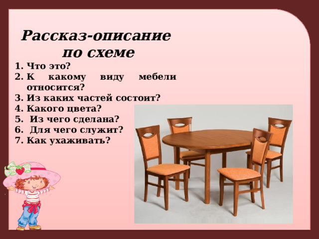 Рассказ-описание  по схеме Что это? К какому виду мебели относится? Из каких частей состоит? Какого цвета?  Из чего сделана?  Для чего служит? Как ухаживать? 