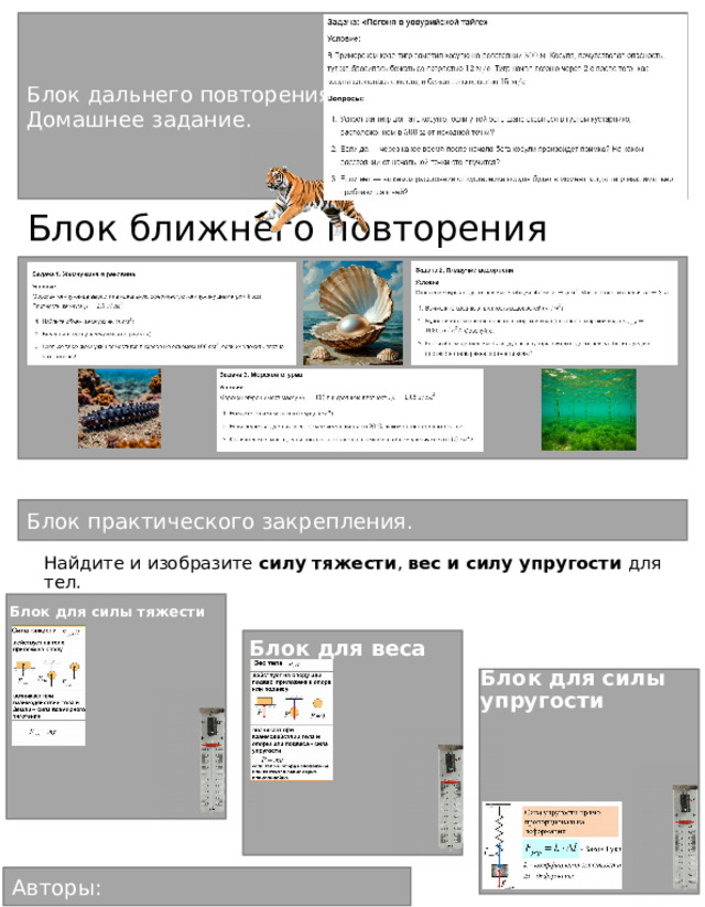 Блок дальнего повторения. Домашнее задание. Блок ближнего повторения Блок практического закрепления. Найдите и изобразите силу тяжести , вес и силу упругости для тел. Блок для силы тяжести Блок для веса Блок для силы упругости Авторы: 