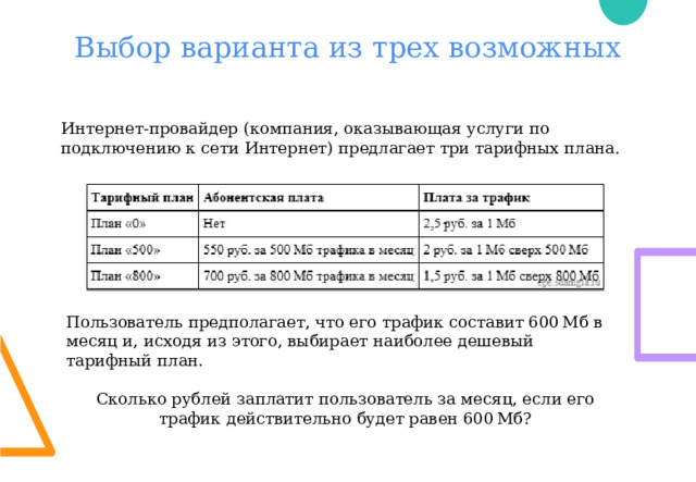 Пользователь предполагает, что его трафик составит 600 Мб в месяц и, исходя из этого, выбирает наиболее дешевый тарифный план. Сколько рублей заплатит пользователь за месяц, если его трафик действительно будет равен 600 Мб? Выбор варианта из трех возможных Интернет-провайдер (компания, оказывающая услуги по подключению к сети Интернет) предлагает три тарифных плана. 