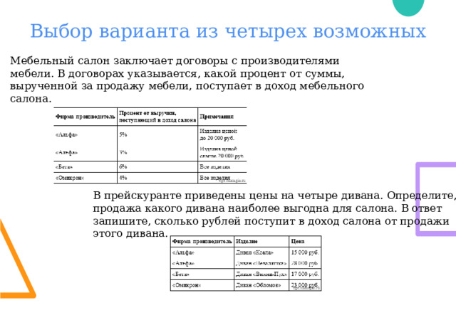 Выбор варианта из четырех возможных Мебельный салон заключает договоры с производителями мебели. В договорах указывается, какой процент от суммы, вырученной за продажу мебели, поступает в доход мебельного салона.  В прейскуранте приведены цены на четыре дивана. Определите, продажа какого дивана наиболее выгодна для салона. В ответ запишите, сколько рублей поступит в доход салона от продажи этого дивана. 