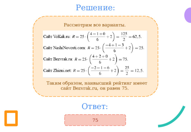 Решение: Рассмотрим все варианты.    Таким образом, наивысший рейтинг имеет сайт Bezvrak.ru, он равен 75.  Ответ: 75 