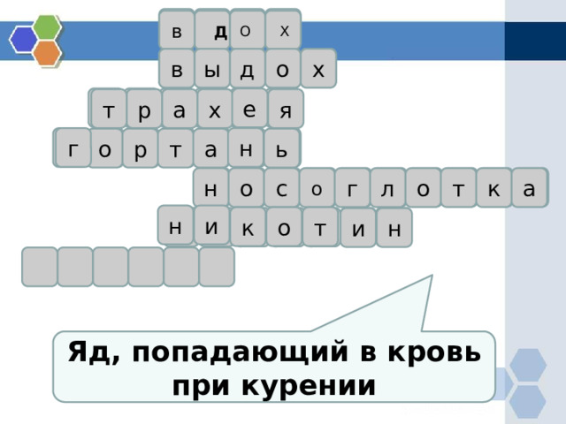 в О Х Д х д в ы о е х я а р т н г ь о т а р л с о н о о т к а г и н к т о и н Яд, попадающий в кровь при курении 