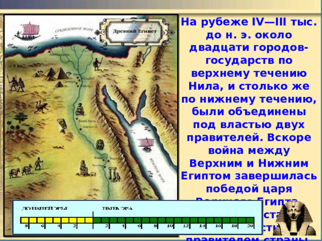 На рубеже IV—III тыс. до н. э. около двадцати городов-государств по верхнему течению Нила, и столько же по нижнему течению, были объединены под властью двух правителей. Вскоре война между Верхним и Нижним Египтом завершилась победой царя Верхнего Египта, который стал единовластным правителем страны. Так появилось большое государство с единым центром, управляемое бюрократическим аппаратом, во главе с  фараоном . 
