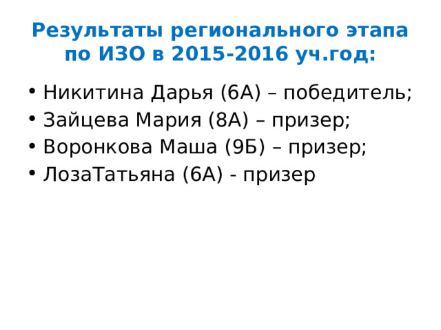 Результаты регионального этапа по ИЗО в 2015-2016 уч.год: Никитина Дарья (6А) – победитель; Зайцева Мария (8А) – призер; Воронкова Маша (9Б) – призер; ЛозаТатьяна (6А) - призер 