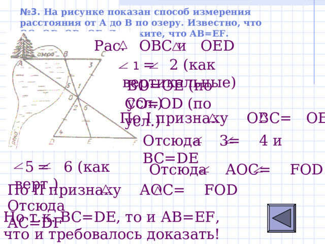№ 3. На рисунке показан способ измерения расстояния от А до В по озеру. Известно, что ОС=О D , ОВ=ОЕ. Докажите, что АВ=ЕF.  Рас. ОВС и  ОЕ D  1 = 2 (как вертикальные) B О = ОЕ ( по усл.) СО = О D ( по усл.) По I признаку ОВС= ОЕ D     Отсюда 3 = 4 и ВС= DE   5  = 6 (как верт.) Отсюда АОС =  F О D  По II признаку АОС = F О D Отсюда АС =DF Но т.к. B С =D Е, то и АВ= EF , что и требовалось доказать! 