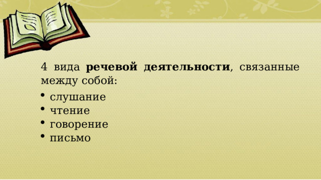 4 вида речевой деятельности , связанные между собой: слушание чтение говорение письмо  01/09/2026 
