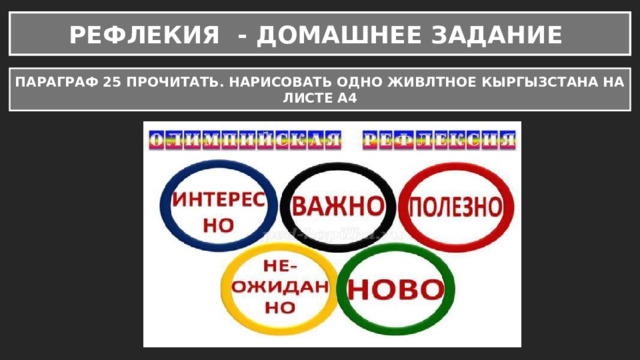 РЕФЛЕКИЯ - ДОМАШНЕЕ ЗАДАНИЕ ПАРАГРАФ 25 ПРОЧИТАТЬ. НАРИСОВАТЬ ОДНО ЖИВЛТНОЕ КЫРГЫЗСТАНА НА ЛИСТЕ А4 