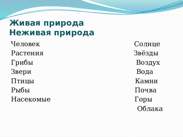 Живая природа Неживая природа Человек Солнце Растения Звёзды Грибы Воздух Звери Вода Птицы Камни Рыбы Почва Насекомые Горы  Облака 