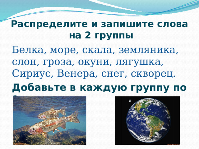 Распределите и запишите слова  на 2 группы Белка, море, скала, земляника, слон, гроза, окуни, лягушка, Сириус, Венера, снег, скворец. Добавьте в каждую группу по 1 слову. 