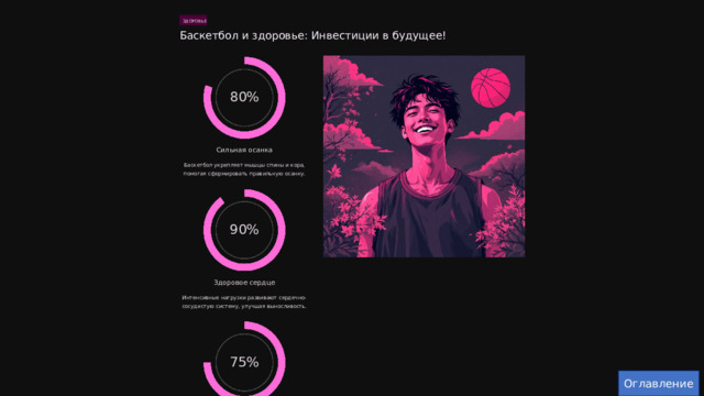  ЗДОРОВЬЕ Баскетбол и здоровье: Инвестиции в будущее! 80% Сильная осанка Баскетбол укрепляет мышцы спины и кора, помогая сформировать правильную осанку. 90% Здоровое сердце Интенсивные нагрузки развивают сердечно-сосудистую систему, улучшая выносливость. 75% Оглавление Снятие стресса Физическая активность – отличный способ снять напряжение и улучшить настроение. Баскетбол – это комплексный подход к вашему физическому и ментальному благополучию. Но помните о противопоказаниях и слушайте свое тело! 