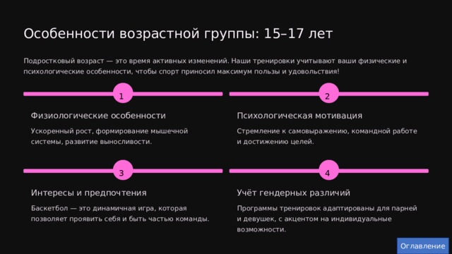  Особенности возрастной группы: 15–17 лет Подростковый возраст — это время активных изменений. Наши тренировки учитывают ваши физические и психологические особенности, чтобы спорт приносил максимум пользы и удовольствия! 2 1 Психологическая мотивация Физиологические особенности Стремление к самовыражению, командной работе и достижению целей. Ускоренный рост, формирование мышечной системы, развитие выносливости. 3 4 Интересы и предпочтения Учёт гендерных различий Баскетбол — это динамичная игра, которая позволяет проявить себя и быть частью команды. Программы тренировок адаптированы для парней и девушек, с акцентом на индивидуальные возможности. Оглавление 