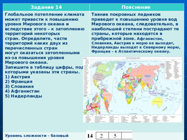 Задание 14 Пояснение Глобальное потепление климата может привести к повышению уровня Мирового океана и вследствие этого – к затоплению территорий некоторых стран. Определите, части территорий каких двух из перечисленных стран могут оказаться затопленными из-за повышения уровня Мирового океана. Запишите в таблицу цифры, под которыми указаны эти страны. 1) Австрия 2) Франция 3) Словакия 4) Афганистан 5) Нидерланды       Уровень сложности – базовый  Таяние покровных ледников приведет к повышению уровня вод Мирового океана, следовательно, в наибольшей степени пострадают те страны, которые находятся в прибрежной зоне. Афганистан, Словакия, Австрия к морю не выходят, Нидерланды выходят к Северному морю, Франция – к Атлантическому океану.  