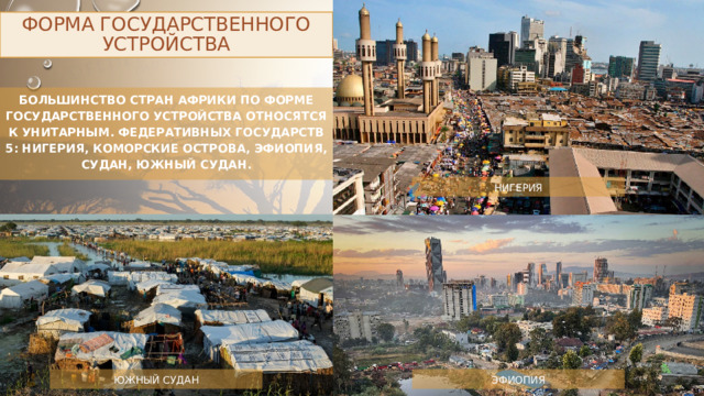 ФОРМА ГОСУДАРСТВЕННОГО УСТРОЙСТВА Большинство стран Африки по форме государственного устройства относятся к унитарным. Федеративных государств 5: Нигерия, Коморские острова, Эфиопия, Судан, Южный Судан. НИГЕРИЯ ЭФИОПИЯ ЮЖНЫЙ СУДАН 
