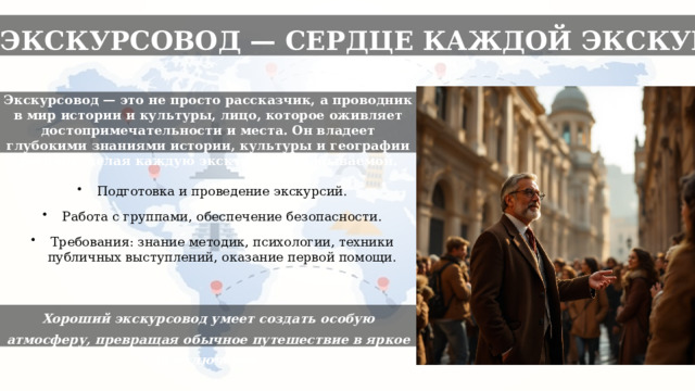 ЭКСКУРСОВОД — СЕРДЦЕ КАЖДОЙ ЭКСКУРСИИ Экскурсовод — это не просто рассказчик, а проводник в мир истории и культуры, лицо, которое оживляет достопримечательности и места. Он владеет глубокими знаниями истории, культуры и географии региона, делая каждую экскурсию незабываемой. Подготовка и проведение экскурсий. Работа с группами, обеспечение безопасности. Требования: знание методик, психологии, техники публичных выступлений, оказание первой помощи. Хороший экскурсовод умеет создать особую атмосферу, превращая обычное путешествие в яркое приключение. 