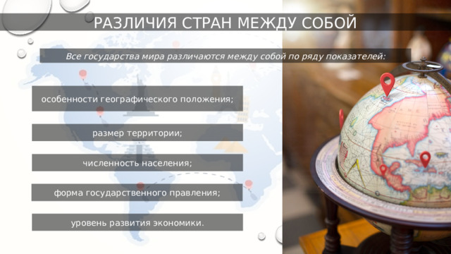 РАЗЛИЧИЯ СТРАН МЕЖДУ СОБОЙ Все государства мира различаются между собой по ряду показателей: особенности географического положения; размер территории; численность населения; форма государственного правления; уровень развития экономики. 