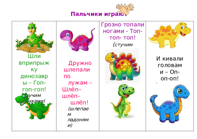 Пальчики  играют Грозно  топали ногами  -  Топ-топ- топ! Шли вприпрыжку динозавры  – Гоп-гоп- гоп! ( стучим  кулачками) (стучим  кулачками) Дружно шлепали  по лужам  – Шлёп–шлёп– шлёп! И кивали головами  – Оп-оп- оп! (шлепаем ладонями) (киваем  головой) 